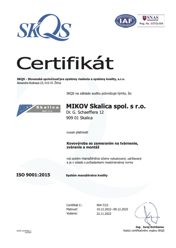 Certifikát kvality - kovovýroba so zárukou kvality - MIKOV Skalica
