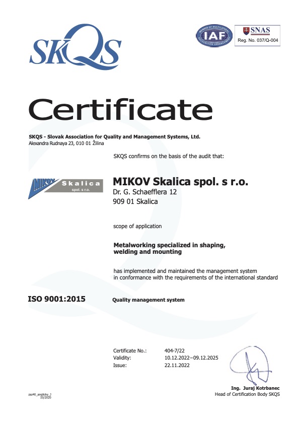 Quality certificate - metal production - MIKOV Skalica