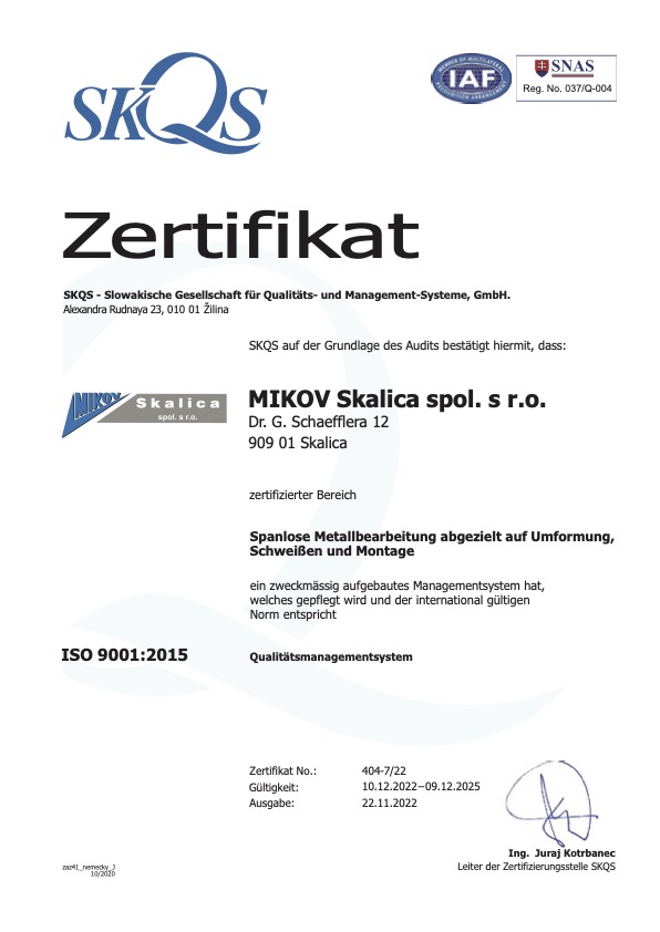 Qualitätszertifikat - Metallproduktion - MIKOV Skalica